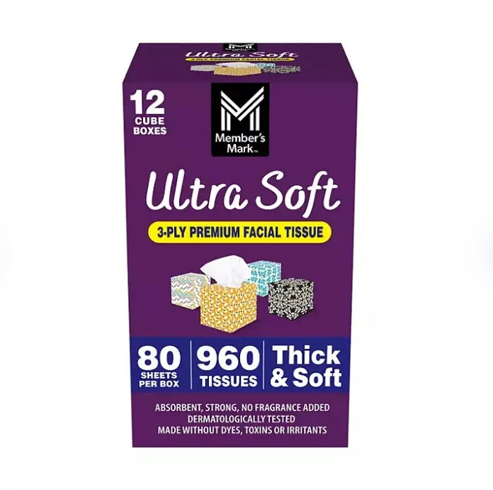 Ultra Soft 3-Ply Facial Tissues, 12 Cube Boxes, 80 tissues/box