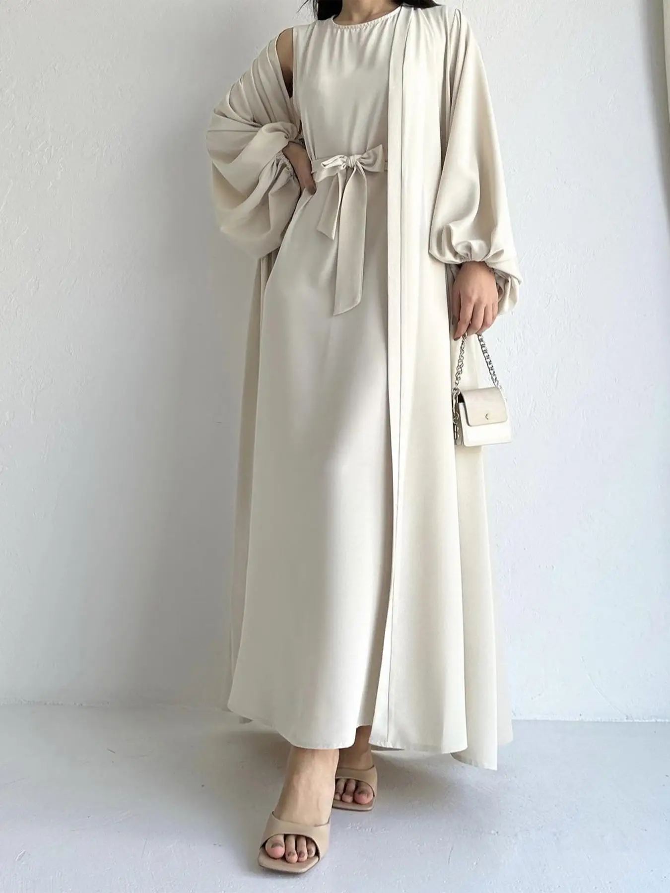 Arabic Clothing-Women's Plain Lantern Sleeve Abaya & Sleeveless Belted Tank Dress without Hijab, Elegant Long Sleeve Open Front Outerwear & Long Dress