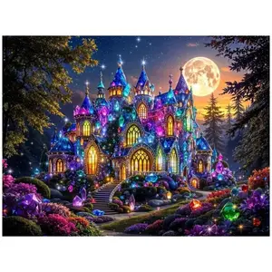 Enchanted Gemstone Crystal Castle Moonlight Night 5D Full Drill Diamond Painting Kit Fantasy Magical Palace Garden Landscape Art DIY Cross Stitch Mosaic Craft Whimsical Home Wall Decor Handmade Gift for Fantasy & Fairy Tale Lovers