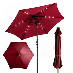 9ft Solar LED Patio Umbrella with Push Button Tilt & Crank, 6 Ribs Waterproof Polyester Outdoor Market Table Umbrella for Garden Backyard Pool, Burgundy portable sunshade shelter