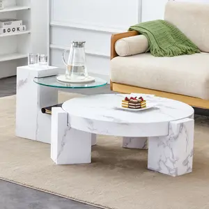 【GOOGREAT】A modern, fashionable, and durable marble textured MDF coffee table with a side table. Match with multiple scenes. Suitable for living room and bedroom.