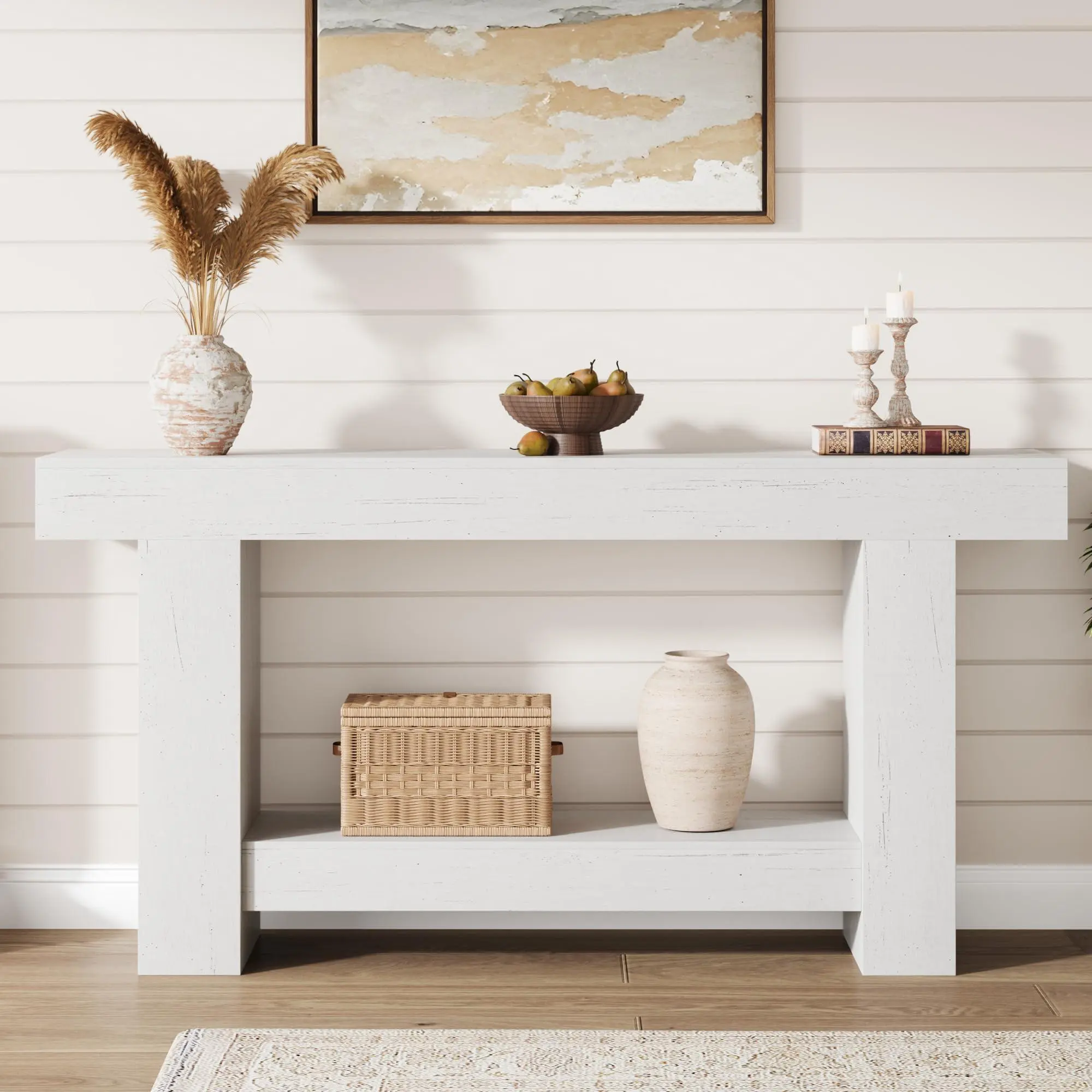 Farmhouse Console Table for Living Room, Long Console Table for Entryway, 2-Tier Large Sofa Table with Storage, Entryway Entry Table for Entrance, Hallway, Antique White, 63"