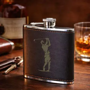 Golf Swing Design Leather Flask, Stainless Steel & Leather Portable Liquor Flask, Compact Reusable Drinking Flask, Suitable for Whiskey, Bourbon, Liquor, Travel-Friendly Pocket Flask, Perfect Gift for Golf Enthusiasts/Men