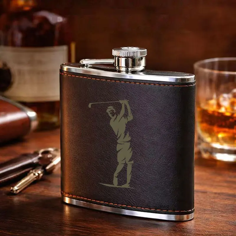 Golf Swing Design Leather Flask, Stainless Steel & Leather Portable Liquor Flask, Compact Reusable Drinking Flask, Suitable for Whiskey, Bourbon, Liquor, Travel-Friendly Pocket Flask, Perfect Gift for Golf Enthusiasts/Men, Classic Bottle, Portable Bottles