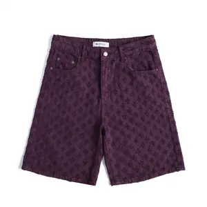 Purple Jacquard Denim Shorts Men Streetwear Baggy Y2K Casual Summer Knee Length Jean Pants