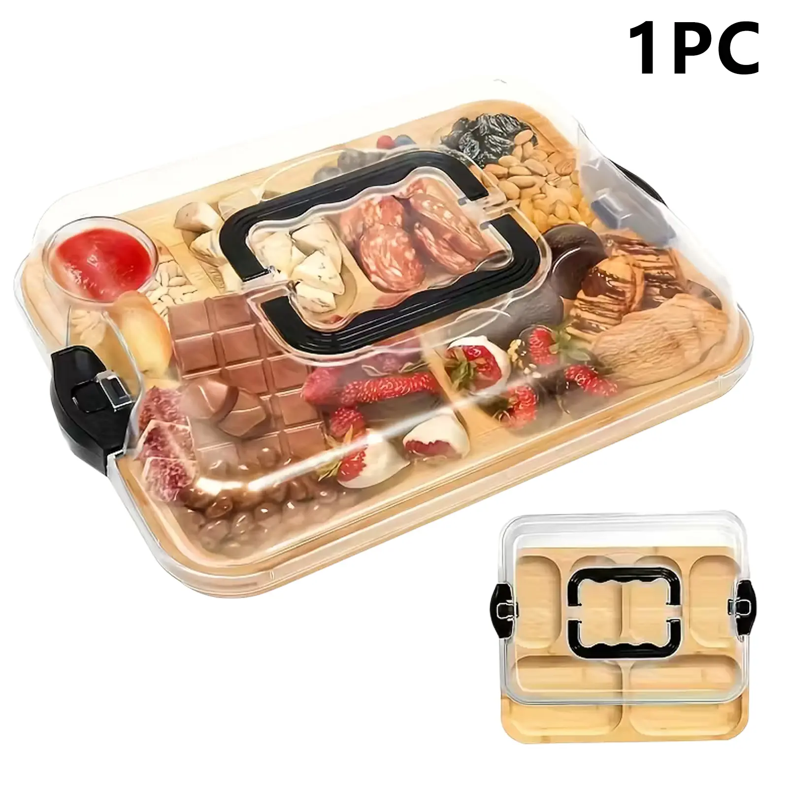 1Pcs Portable Charcuterie Board & Clear Lid, 6-Compartment Snackle Box & Cheese Tray, Kitchen Chopping Board & Veggie Platter. Divided Serving Dish & Snack Organizer for Picnics, Road Trip Snacks, Kids Lunch & Party Entertaining