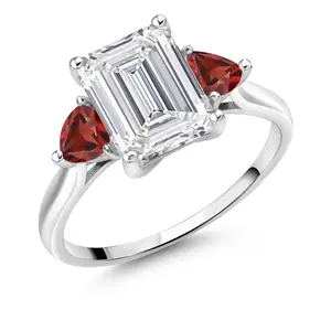 Gem Stone King 3.54 Cttw 10K White Gold IGI Certified VS Lab Grown Diamond & Red Garnet 3-Stone Engagement Ring For Women | Center Emerald Cut 3 Cttw | 4MM Trillion | Sizes 5-10