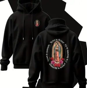 Catholic Religious Hooded Sweatshirt - Christ & Mary Virgin Print with Sacred Heart & Our Lady of Guadalupe Design Hoodie