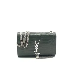 Pre-owned Yves Saint Laurent COWHIDE Crossbody Bags YSL KATE silver logo tassels shiny crocodile embossed chain envelope wallet shoulder crossbody bag