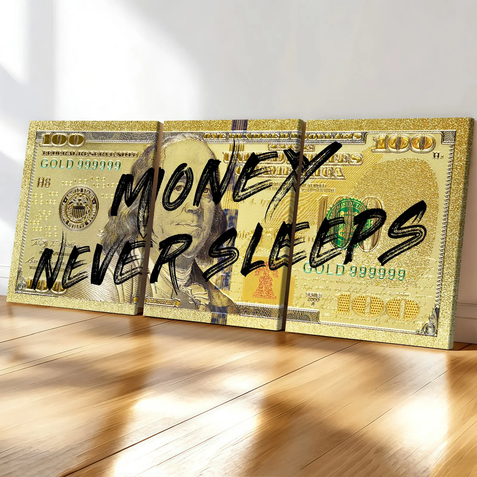 3-Piece Wood Frame Canvas Art, Modern Wall Decor, 'money Never Sleeps' Poster Set, Home Office Bedroom Corridor Decoration