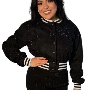 B2S Luxe Collection - Women's Full Rhinestone Bomber Jacket with Striped Sleeves and Cropped Design