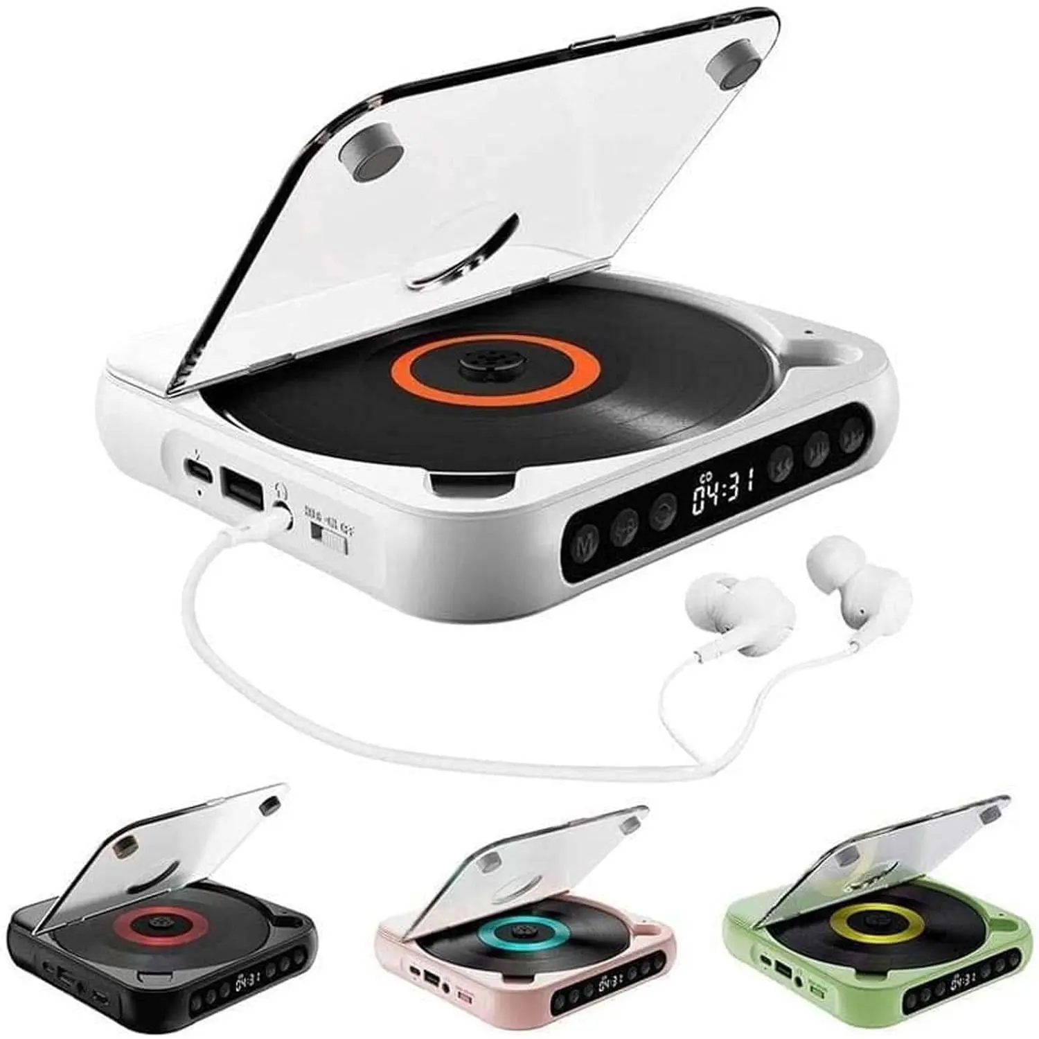 【Father's Day Gift】 Compact Rechargeable Hi-Fi Audio Portable CD Player with Bluetooth, 2000mAh Battery, LCD Screen, Built-in Speakers, Wired Headphone Jack, Auxiliary Input, USB Support, Type-C Port (White) for Home, Car