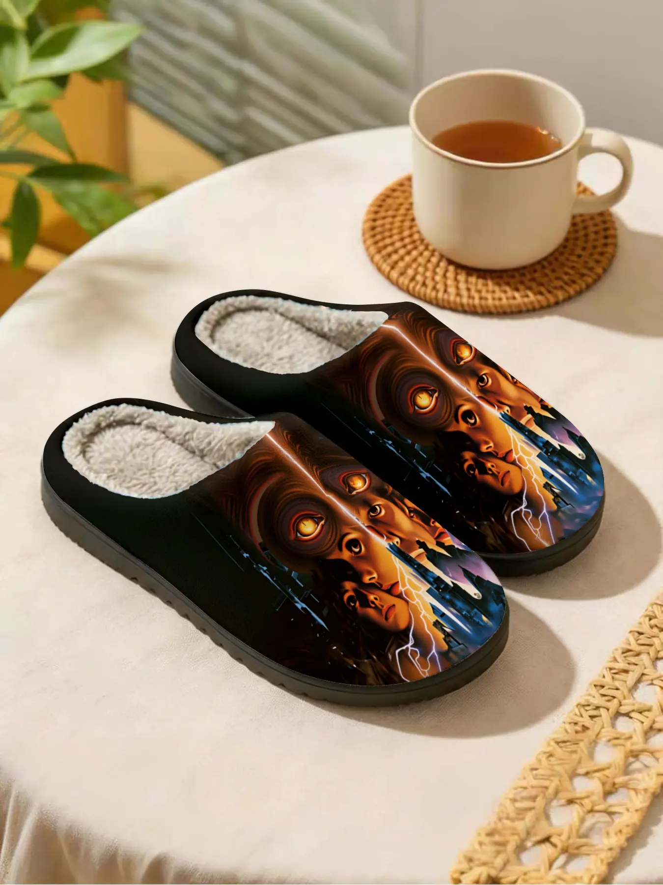 Dark Sci-Fi Style · Multi-Eye Alien Face Print · 1 Pair · Fleece-Lined Warm Anti-Slip Thick Sole · Slippers · Unisex Home & Winter Indoor