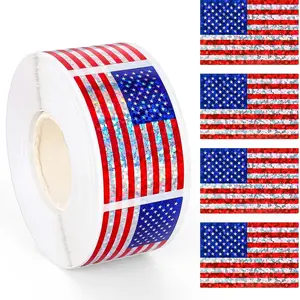 300pcs-1*1.5in/2.5cm*3.8cm American Flag Holographic Stickers Roll, Sparkling American Flag Stickers, Independence Day Party Dion Stickers, Envelope Box Gift Packaging Decoration Stickers, American Flag Pattern Stickers