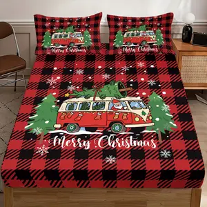 3-piece bed linen set, Merry Christmas soft sanded cloth black and red plaid Christmas tree camper element printed pattern sheets, comfortable bedspread for easy care, with deep pocket, Decorative Bedding Set (1* bed hat 2* pillowcase, coreless)