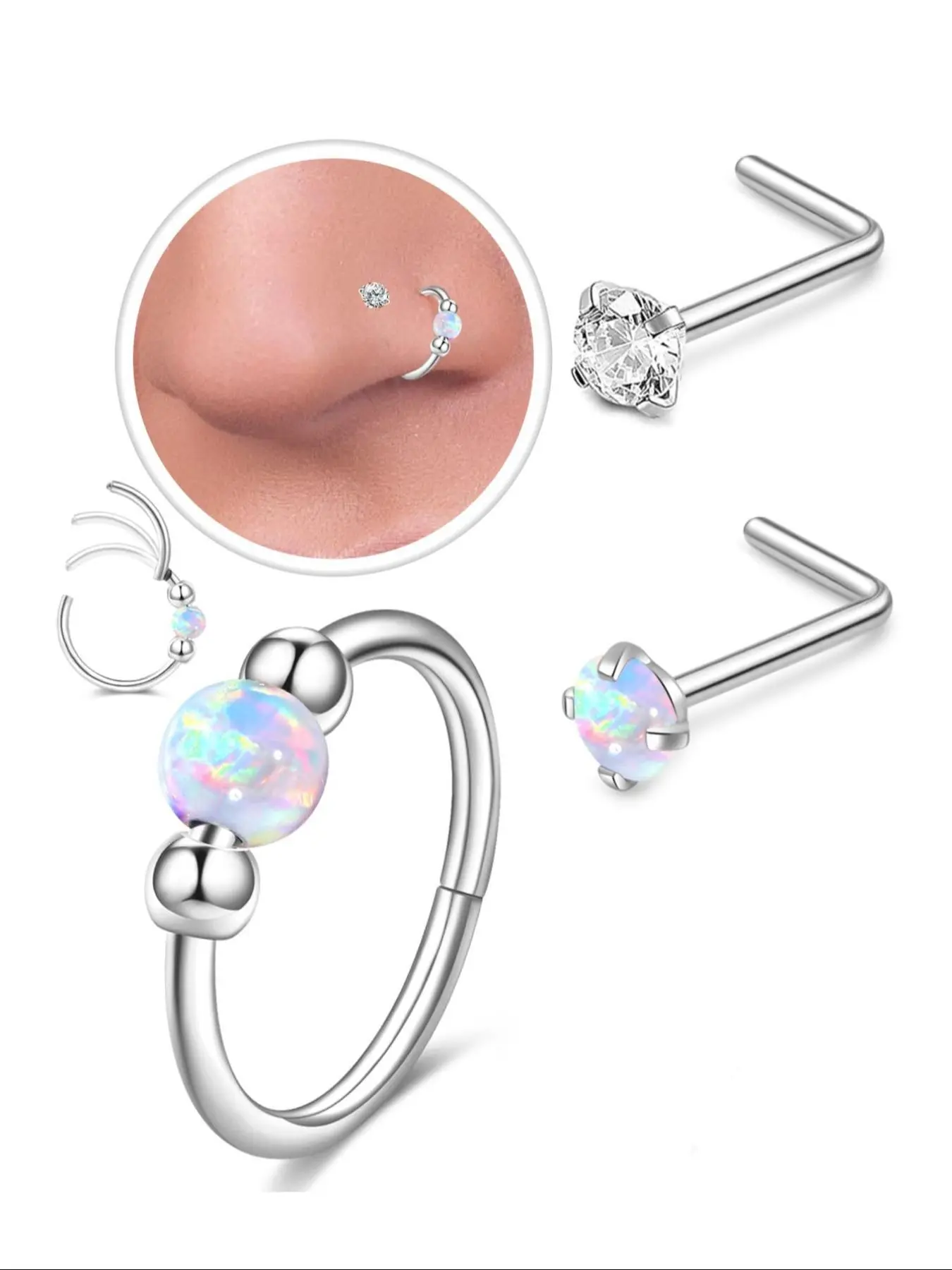 Fashionable Opal Decor Nose Ring, Stainless Steel Nose Studs, Nose Piercing Jewelry, Fashionable Body Jewelry for Women & Men, Trendy All-match & Exquisite Jewelry for Birthday Gift, High Quality Jewelry
