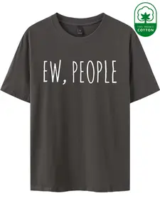 Men's Ew People Print Cotton T-Shirt, Casual Loose Fit Short Sleeve, Graphic Letter Pattern, Fitted H-Type, All Seasons Wear