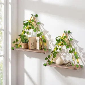 2 Pack Floating Shelves for Wall Decor Storage  Shelves with Artificial Ivy Garland & LED-Strip for Living Room, Bedroom Space Saving Shelf, Green Ivy, Light-Colored Wooden Board