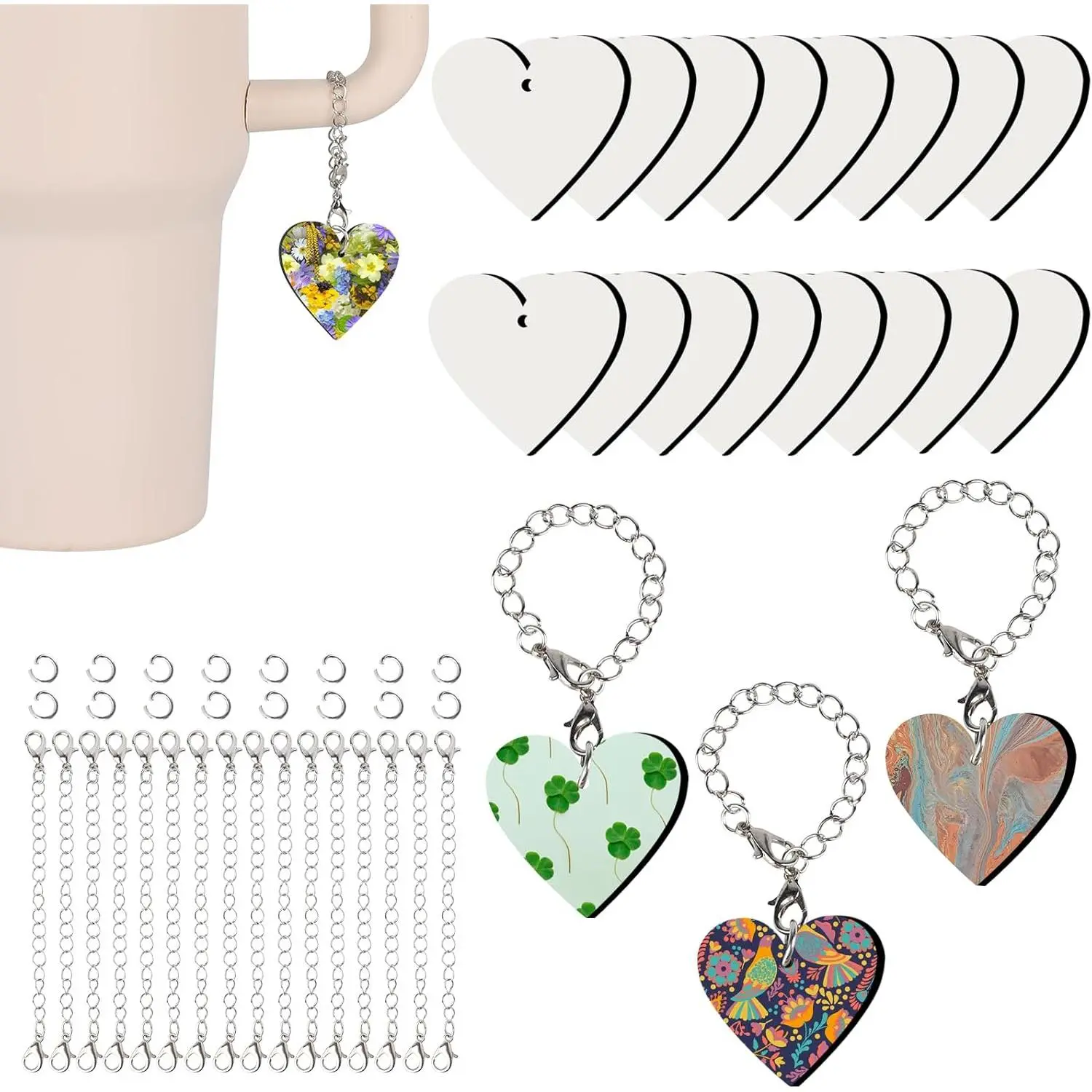 Sublimation Charm Accessories - 16 Set Blanks Bulk  Cup Charm for Tumbler Cup Sublimation Keychains with Chains Jump Ring DIY Crafts Gift for Family Friends
