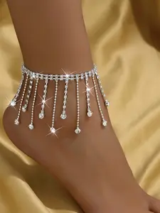Elegant Rhinestone Fringe Anklet Adjustable Open Design Sparkling Chain Party Accessory Versatile Gift Idea Suitable for All Occasions Fashionable Jewelry Accessories