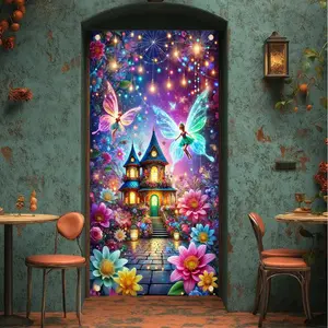 1PC,2D Flat Door Banner Fairy Tale Castle Door Banner with Flower Fairies, Colorful Lights & Blossoms - Festival Decoration Backdrop, Fantasy Floral Door Curtain for Living Room, Bedroom, Shop S