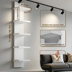 5-Tier White PVC Wall Shelf - Heavy Duty Floating Shelf, Self-Adhesive Installation, Space-Saving Vertical Storage Unit for Books, Plants, Artwork - Modern Minimalist/Bohemian Style Decoration, Multifunctional Plastic Shelf, Display Rack