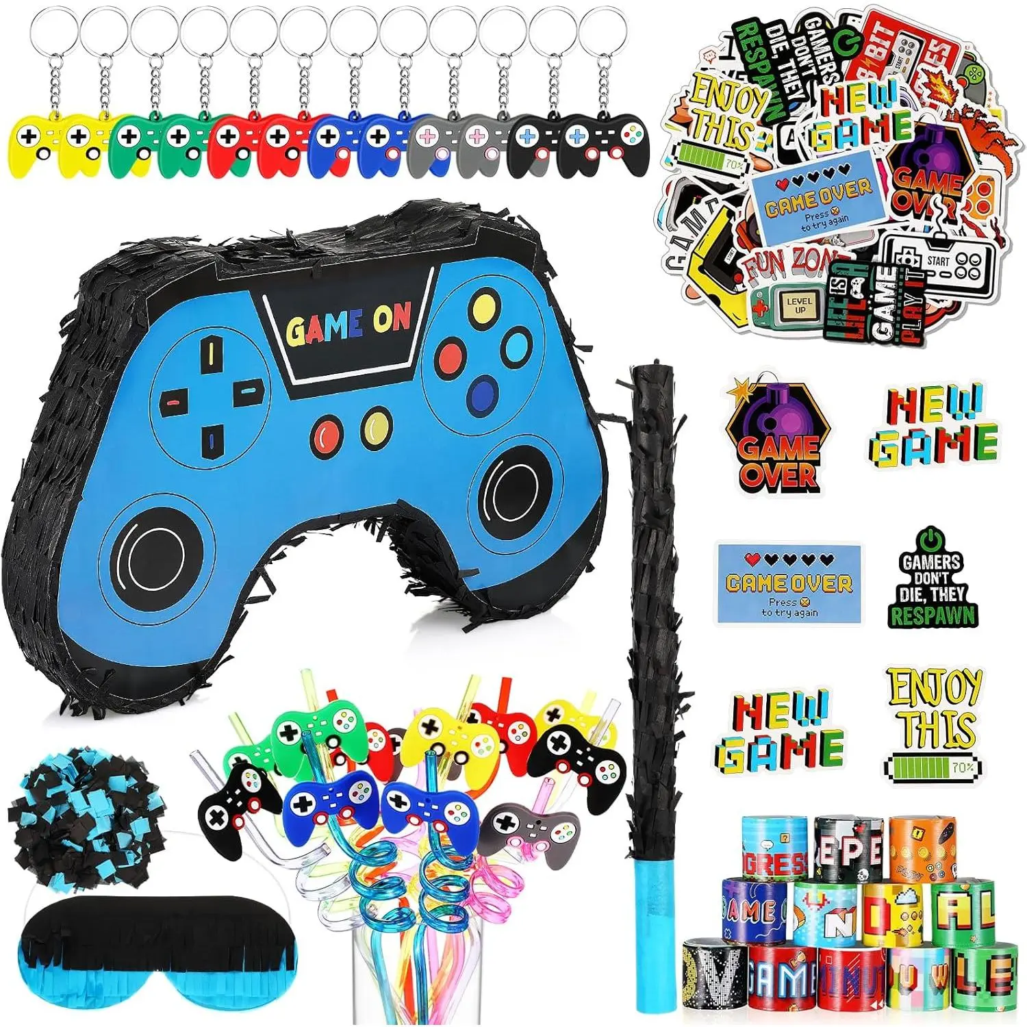 90-Piece Non-Toxic Child Gaming Party Favors Set - Thick Game Controller Piñata with Hanging Ring, Hangable Blindfold, Baton, Confetti, Slap Bracelet, Keychain, Straw, Sticker - Blue Themed Gamer Birthday Decor Gifts, Novelty