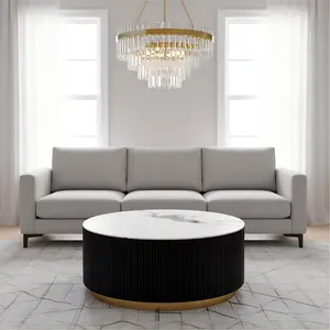 31.5-inch round white coffee table with vertical stripes, featuring a fiberglass stone table top and MDF table body, and two built-in drawers for concealed storage. This marble-patterned dining table is suitable for homes and kitchens.