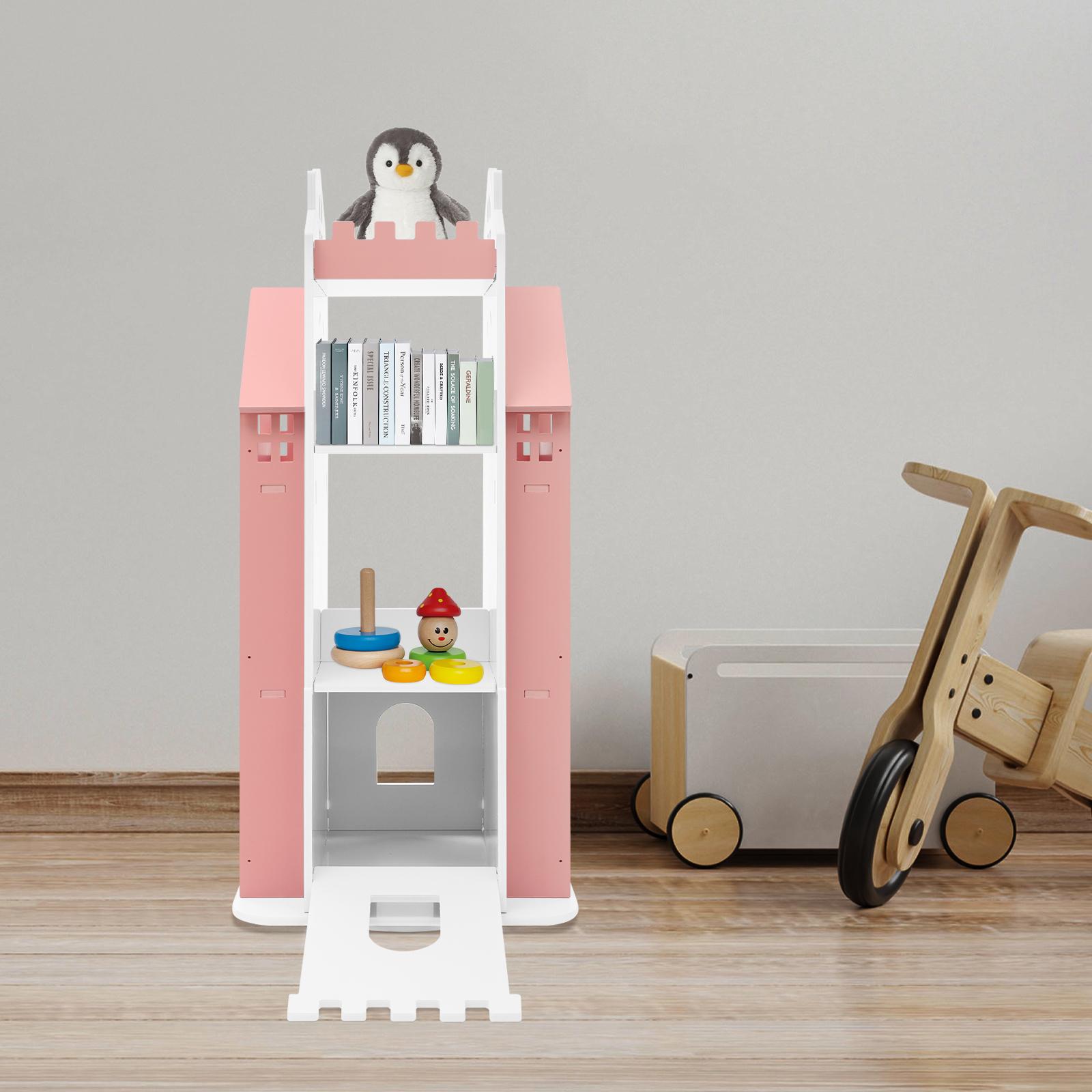 Modern pink-and-white color-block children’s rotating bookshelf, made of PVC×ABS, durable and easy to clean, high load capacity, multi-tier large storage capacity, freestanding floor-standing organizer for home, kids’ rooms, and studies/libraries.