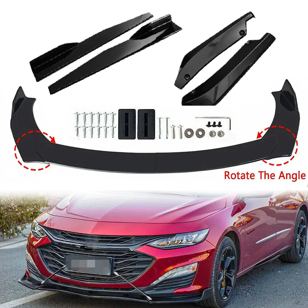 4Pcs Front Bumper Lip Chin Spoiler Splitter Diffuser Protector Air Dams Fit 66.9"-76.7'' Width Cars + 2Pcs Car Auto Rear Bumper Lip Diffuser + 2PCS Car Side Skirt Extension Rocker Panel Body Kit,Glossy Black Round Corner