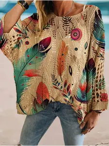 Women's Feather Print Long Sleeve Knit Top, Casual Elegant Chic Vacation Style Sweater Knitwear, Loose Batwing Shoulders, Spring Summer Fall Clothes, Womenswear