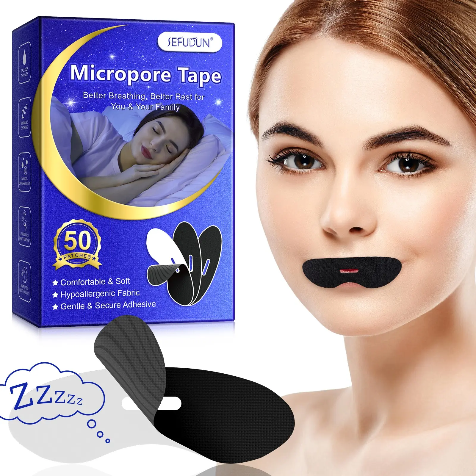 Sefudun Mouth Shape Micro-Pore Elastic Closure Patches 50pcs, Comfortable Soft, Reduces Snoring, Breathing Correction Patches