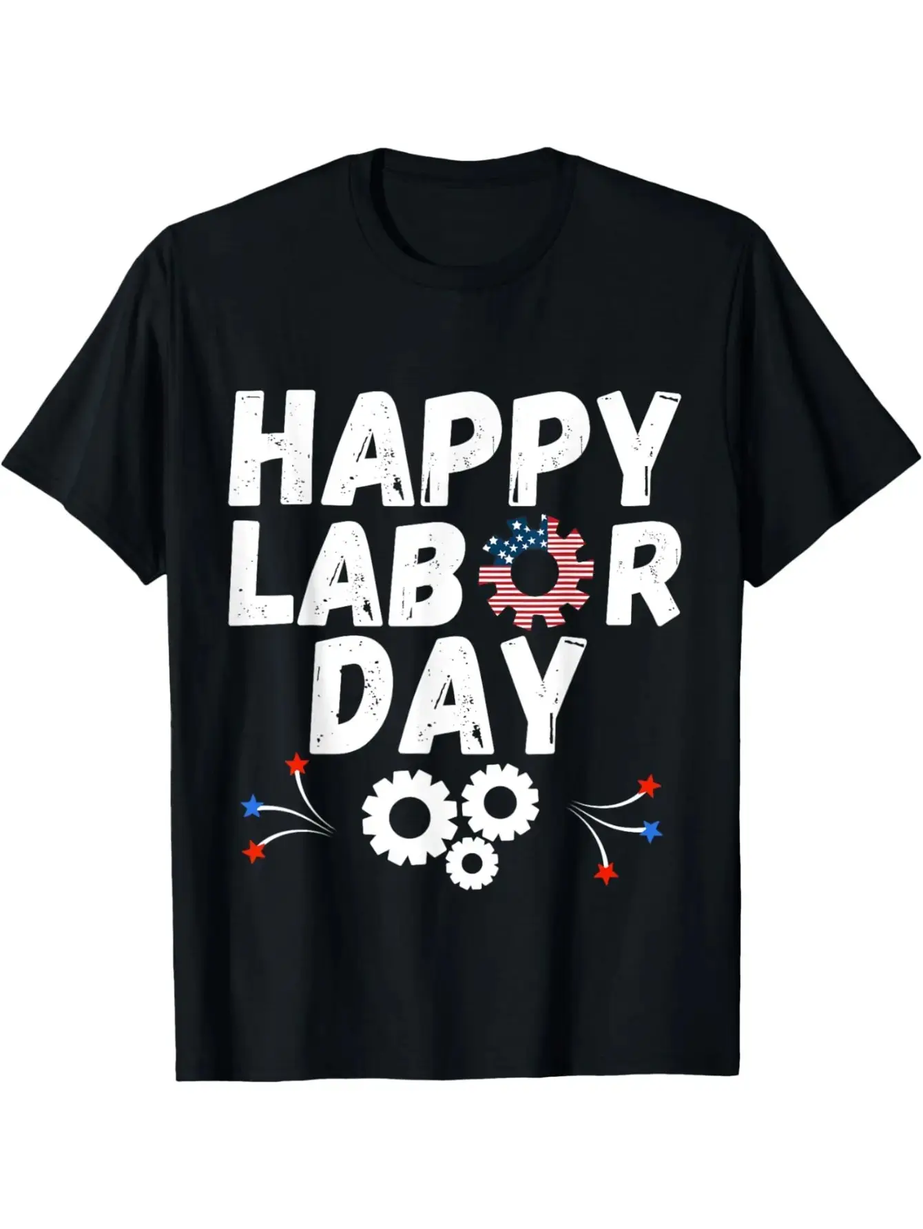 Labor Day Union Workers T-Shirt-Black Casual Loose Round Neck T-Shirt with Strong "Happy Labor Day" Print and Equipment Pattern, Durable Print Shirt for Labor Day Celebrations, Union, Work Clothes-Adult Clothing, Labor D