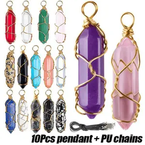 20Pcs Elegant Bohemian Style Silk Wrapped Natural Stone Pendant Necklace Set, 10 Pendants and 10 Ropes, Used for Fashion Jewelry Making DIY Women's Necklace Accessories