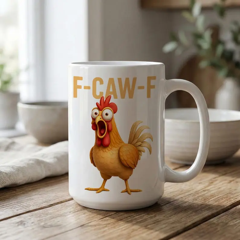 Ceramic Chicken Meme Mug - F-Caw-ny Humorous Adult Humor Drinkware, Farm Animal Kitchenware Mug