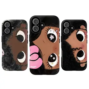 Cute Big Eye Black Girl Phone Case – Kawaii Curly Hair Cartoon Aesthetic, Soft Girl Dollcore Art, Coquette Brown Skin Character iPhone Case for iPhone 17 16 15 14 13 12 11 Pro Max & Samsung Galaxy