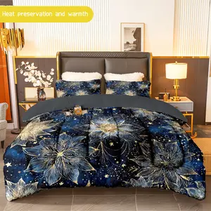 3pcs (1 comforter + 2 pillowcases) Navy Blue Floral Flannel & Milk Velvet Comforter Set, Soft Warm Cozy Bedding Set, Trendy Bedding Essentials