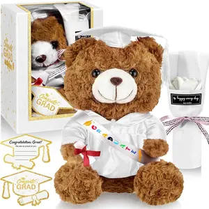 Graduation Bear Gifts Set Include Stuffed Animal Bear with Gown Cap Tassel Class of 2025 Grad Card Soap Artificial Flower Box with Window Graduation Gift for Him Her(White)