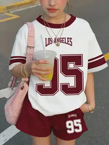 Girls' Trendy Sports Suit, Short Sleeve and Shorts Set, Cute Print Design, Slim-Fitting, Ideal for Home and Commuting