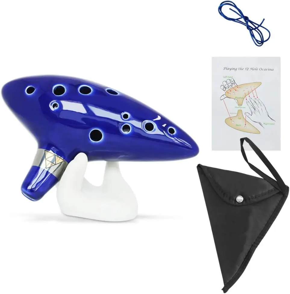 12-Hole Alto C Glazed Durable Ocarina Wind Instrument Toy with Natural Sound, Neck Strap Cord, Song Book, Gift Box, Hand-Shape Display Stand, Black Protective Bag - Boyfriend Gift Idea