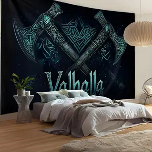 Fantasy Axe Theme Banner with Celtic Knots and Stars, Vibrant Blue Wall Art for Living Room Bedroom Office Party Backdrop, High-Quality Peach Beige Fabric Home Decor