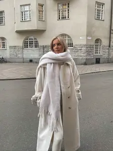 Women's Winter Ski Season Fashion Plain Comfortable Thick Warm Scarf, Long Fringe High-Quality Mixed Cotton Wool Shawl