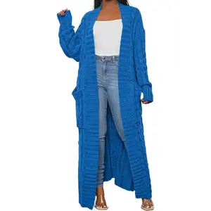 Women's Thin Type Stylish Cable Knit Cardigan with 2-Pockets, Women's Extra Long Ankle Length Sweater