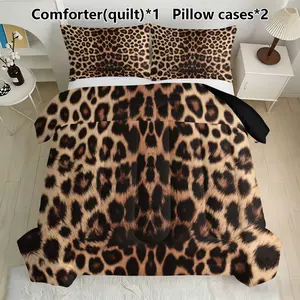 3 PCS Leopard Print Quilted Blanket Set (1 blanket + 2 pillowcases, without pillow core), with quilt filling of 200gsm, using U-shaped quilting technique, suitable for bedroom, dormitory and home decoration, available in multiple sizes