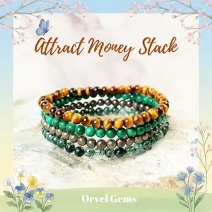 4mm Beads Delicate Attract Money Crystal Bracelet Stack | Pyrite, Tiger's Eye, Moss Agate, Malachite Dainty Beads | Jewelry for Healing
