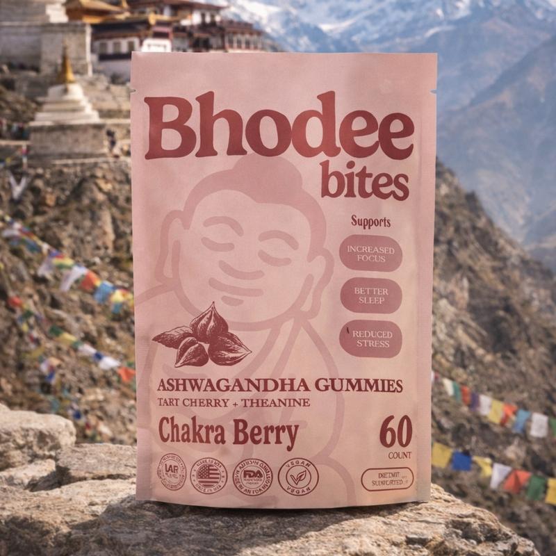 Bhodee Bites Ashwagandha Vitamin Gummies Chakra Berry Flavored 60 Count for Calm Focus & Stress Relief with Tart Cherry & L-Theanine Brain Boost Supplement Natural Fuel Supplements