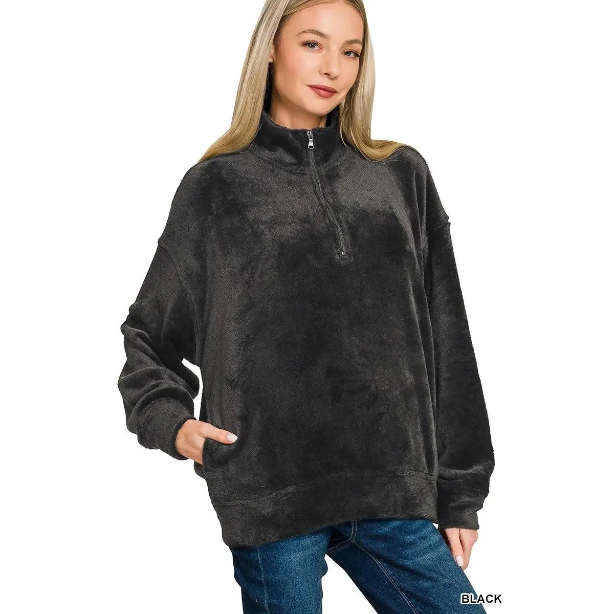 Zenana Faux Fur Half Zip Pocket Pullover