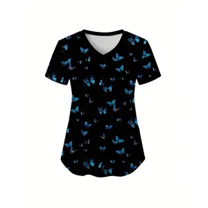 Lightweight Stretchy V-Neck Scrub Top - 100% Polyester Knit Fabric with All Over Butterfly Print - Casual Sleepwear with Pocket Detail for Women's Summer