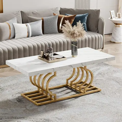 Tribesigns 47" Modern Faux Marble Coffee Table with Gold Frame marble table