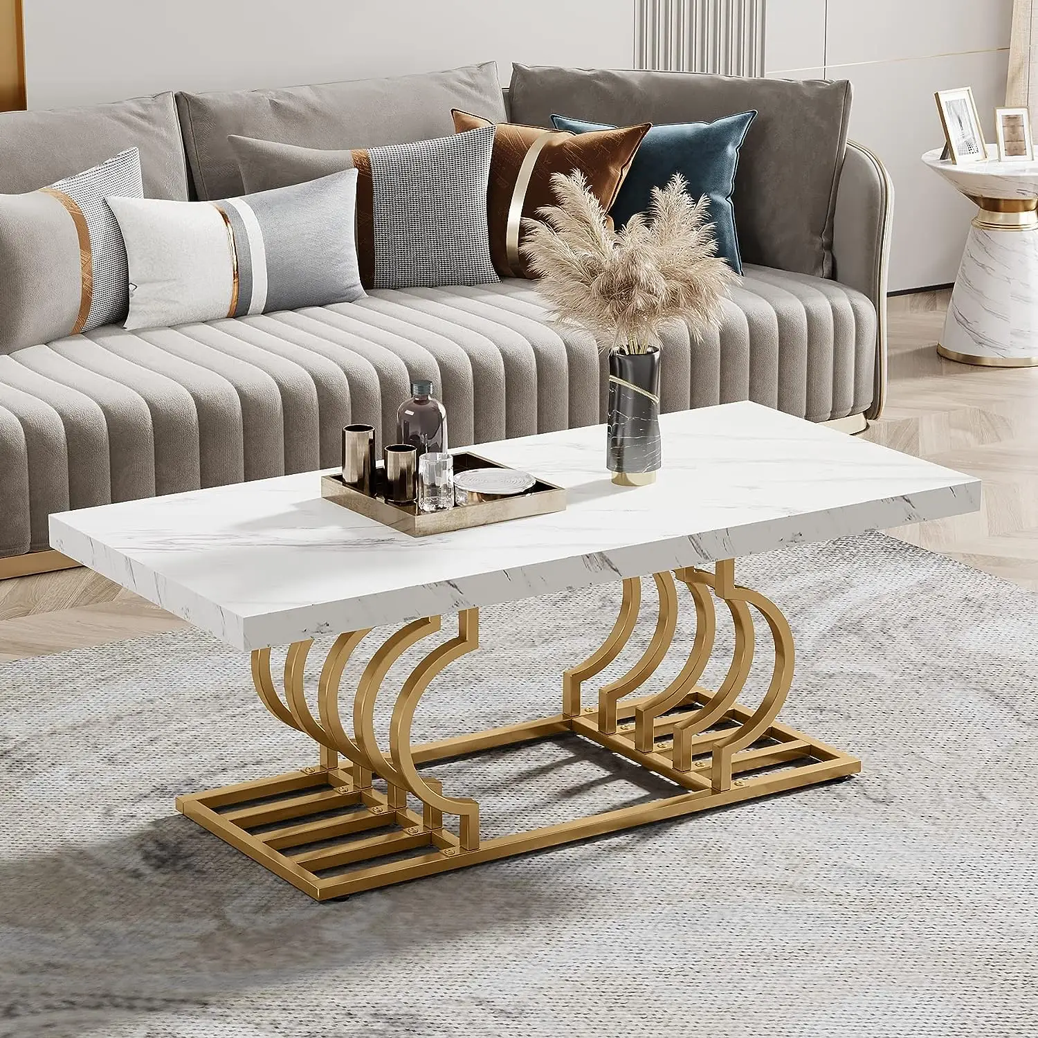 Tribesigns 47" Modern Faux Marble Coffee Table with Gold Frame marble table